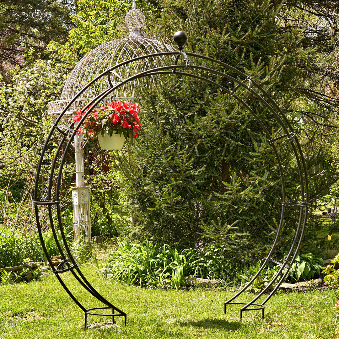 102" Tall Iron Moon Gate with Plant Stands in Antique Black Zaer Ltd International
