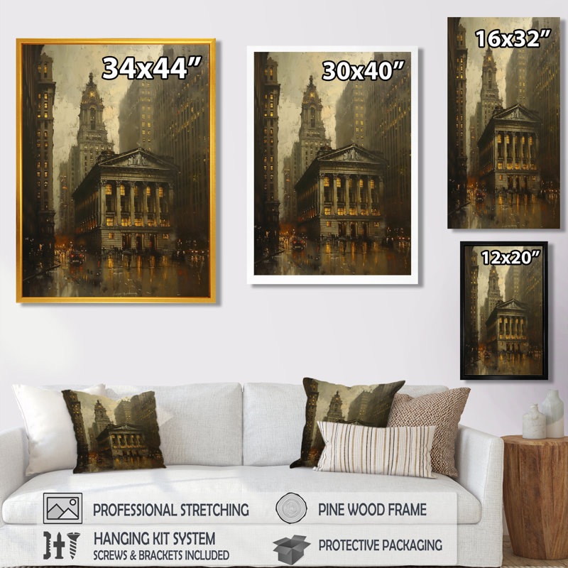«Yellow Winter Banks Heritage In New York» - décoration murale Banks, Toile avec cadre flottant brun