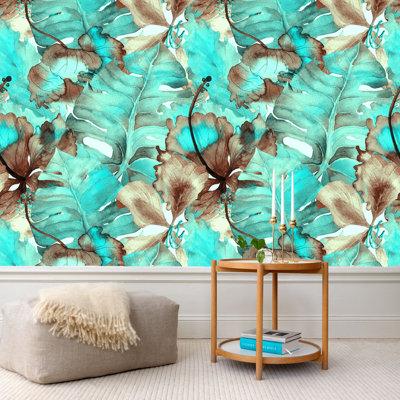 Turquoise Leaves Floral Wallpaper