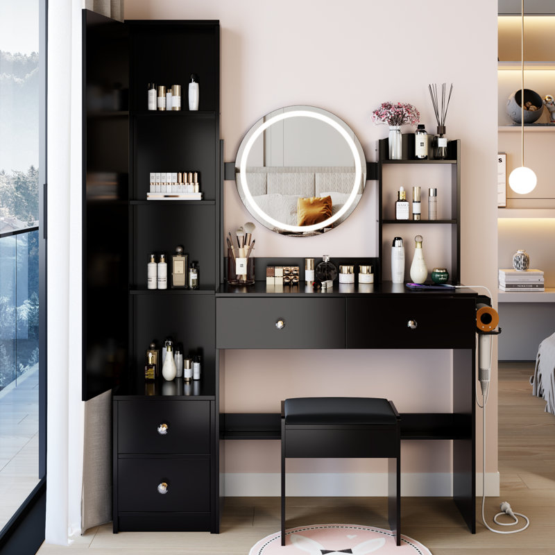 American Design, commode, armoire à miroir pleine grandeur, coiffeuse à DEL ronde de 17 po, tabouret rembourré, centrale électrique à 2 ampoules, miroir à diamètre réglable de 3 couleurs, style