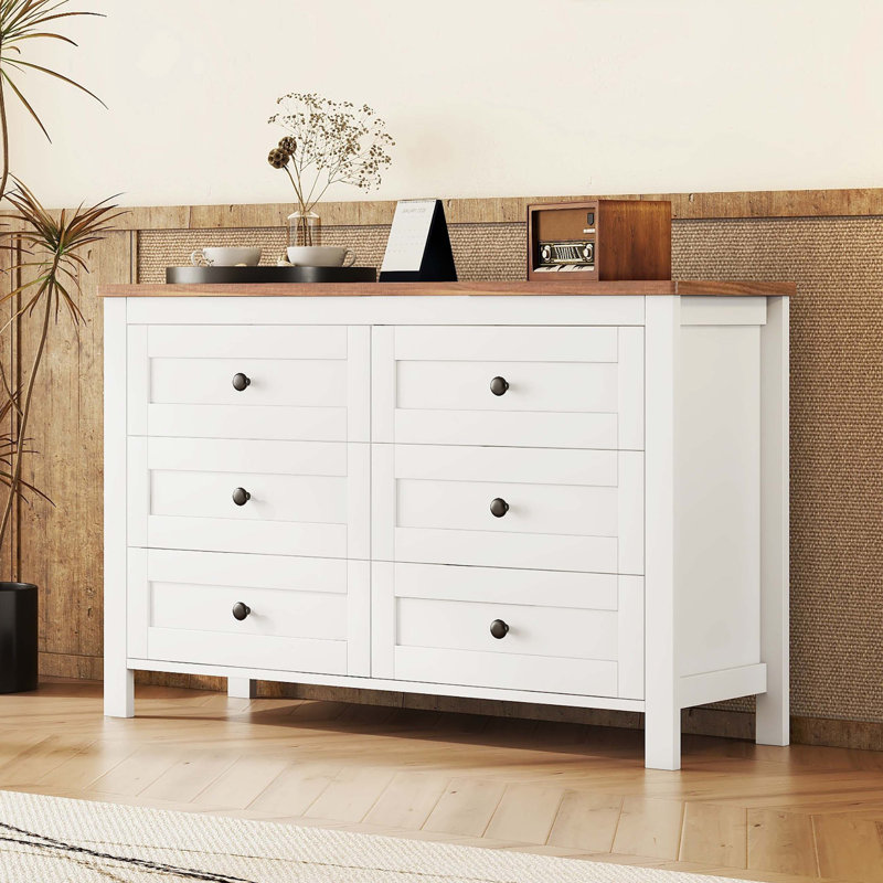 Commode 6 tiroirs, Blanc / brun