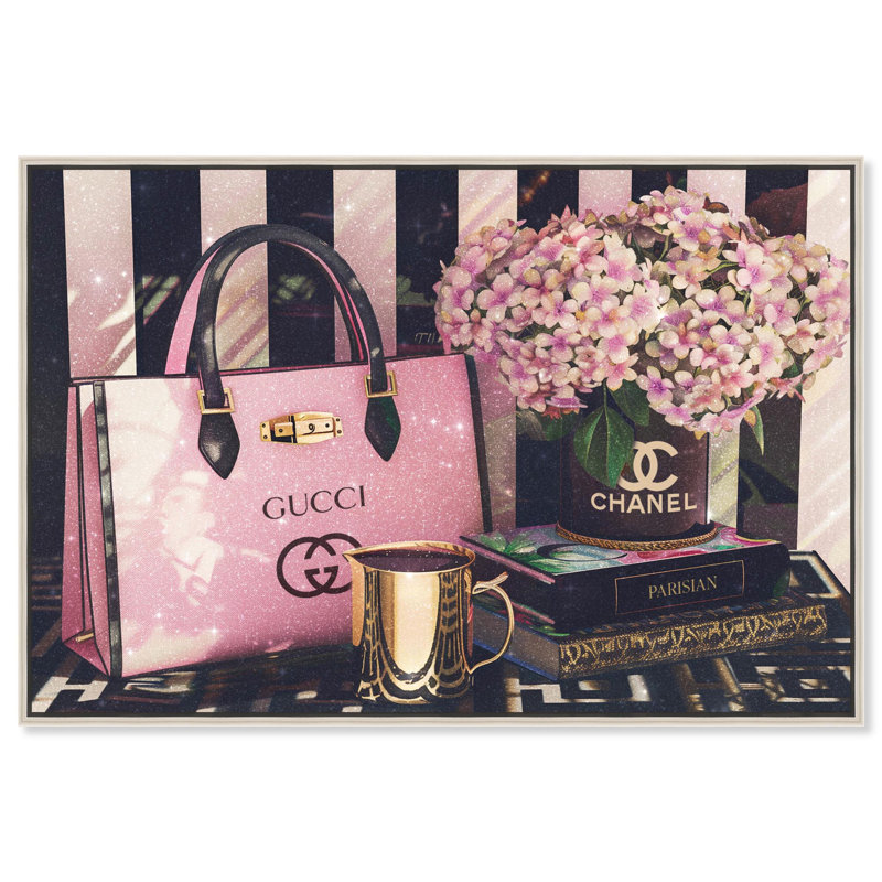 Pink Purse Books and Flowers Canvas Fashion Art Prints by Art Remedy, 37" H x 55" W x 2" D, Silver Floater Framed