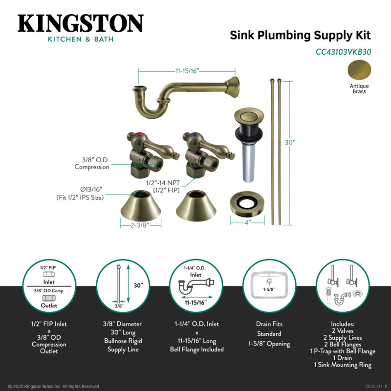 Kingston Brass Trimscape Traditional Plumbing Sink Trim Kit with P-Trap and Drain, Antique Brass