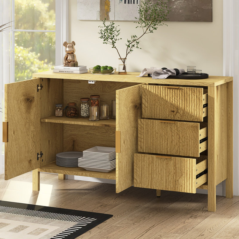 55.1" W Modern Sideboard With Adjustable Shelves,3 Drawers And Hooks, Natural