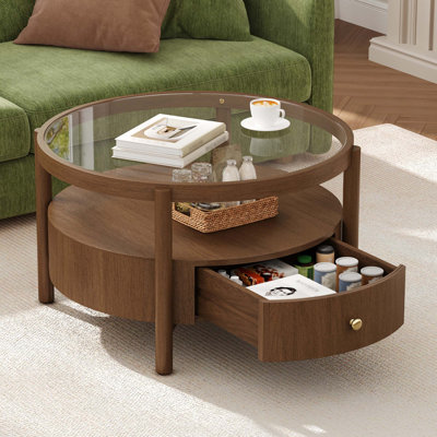 Table basse moderne Mid-Century avec plateau en verre et rangement caché