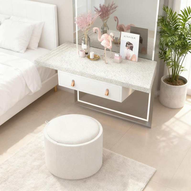 Repose-pieds rond avec repose-pieds rembourré en tissu de lin, Blanc, crème