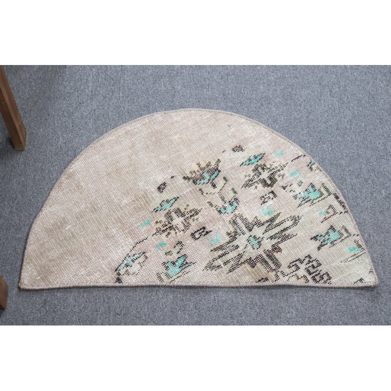 Handmade Beige Bohemian Decor Small Round Turkish Rug with Vintage Anatolian Style Accent