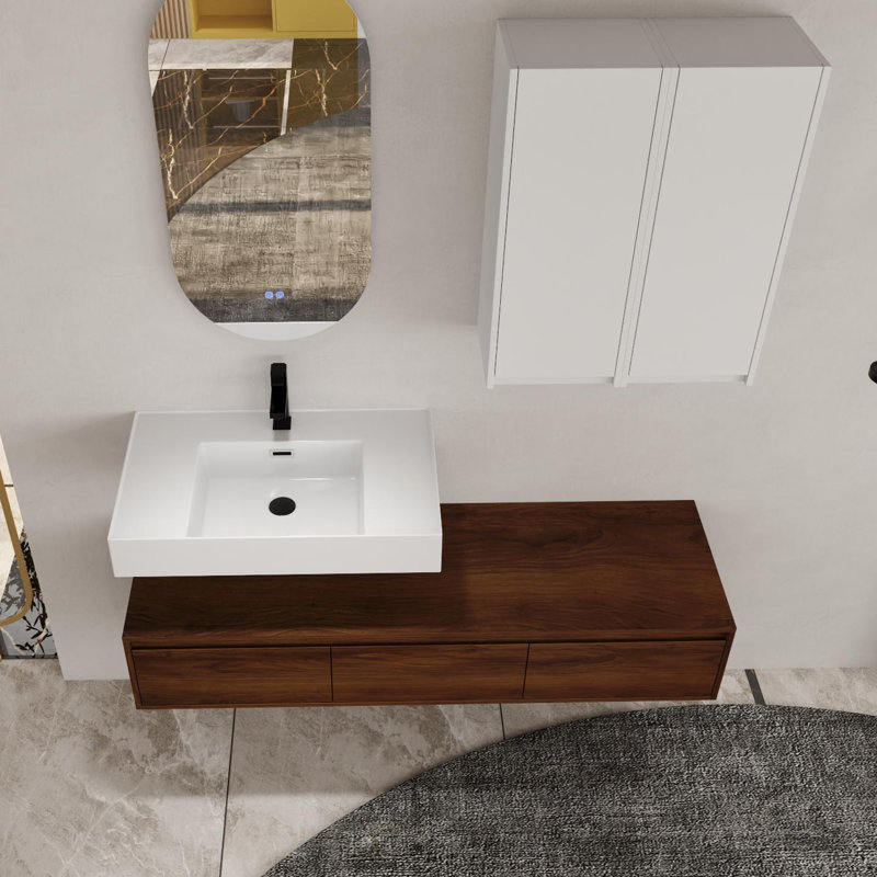 60 Inch Wall-Mounted Bathroom Vanity With Resin Sink And Side Cabinet,3-Soft Close Drawer,Float Mounting Design