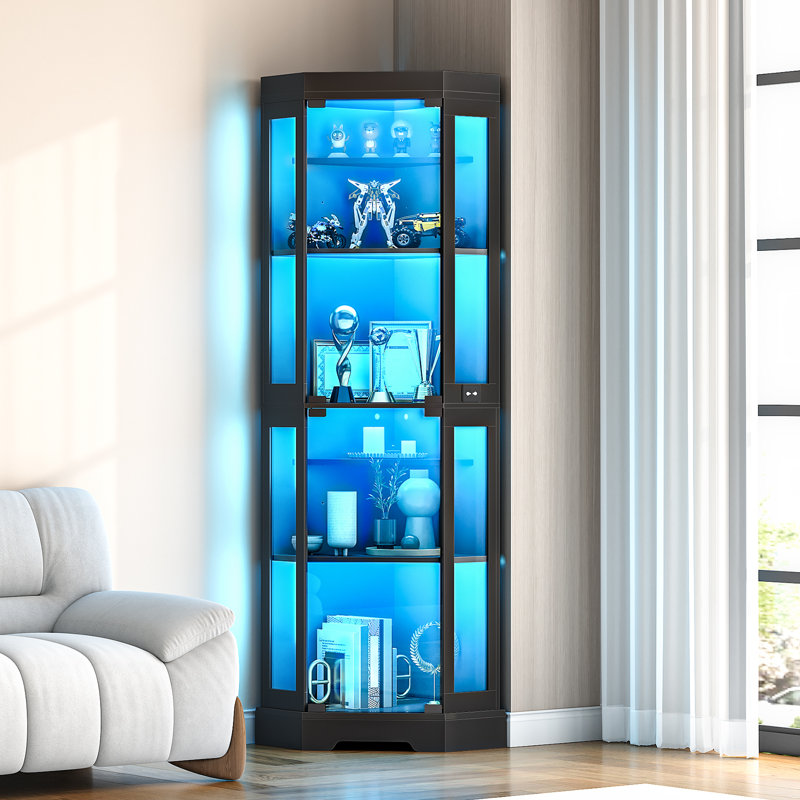 Vitrine d'angle avec portes en verre, armoire d'angle avec 3 lumières DEL de couleur