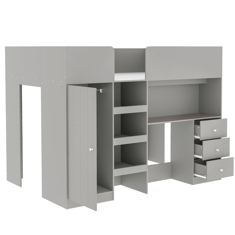 Lit mezzanine double en bois avec garde-robe intégrée, bureau, tablettes de rangement et tiroirs, gris, Gris