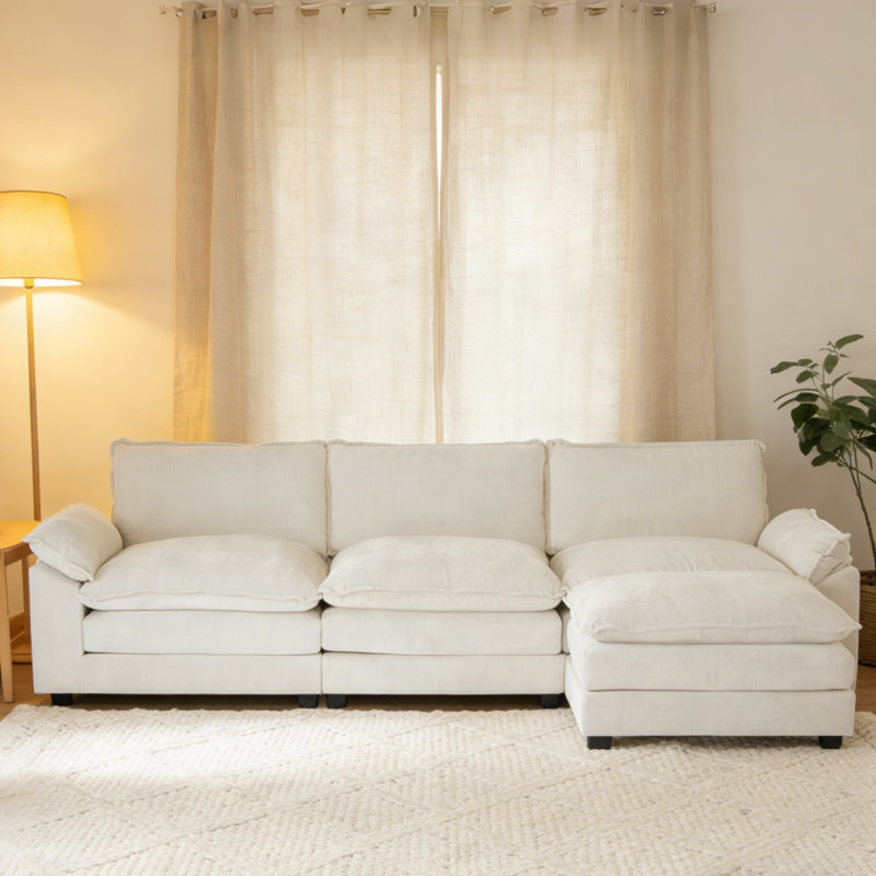 120'' W Beige Chenille Pillow Top Arm Cloud Couch, Beige Chenille