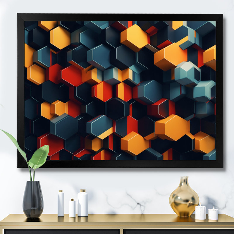 «Orange and Blue Geometric Abstractions I», reproduction d'art sur toile, H 34 po x l 44 po x P 1,5 po, Cadre simple noir