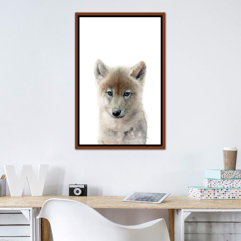 Bébé loup - reproduction d'art, H 40 po x l 26 po x P 1,5 po, Toile avec cadre en bois classique, Pas de tapis