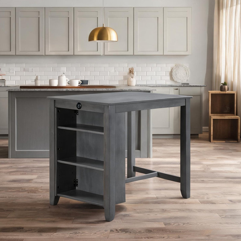 Table de salle à manger à hauteur de comptoir pour petits espaces, panneau de fibres à densité moyenne gris froid, carré de 36 pouces avec ports USB et 3 tablettes, 2 à 4 places assises