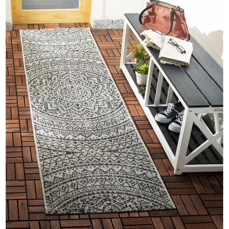 Tapis d'intérieur / extérieur à motif floral gris clair / noir Arneshia, Tapis de couloir 2 pi 3 po x 12 pi