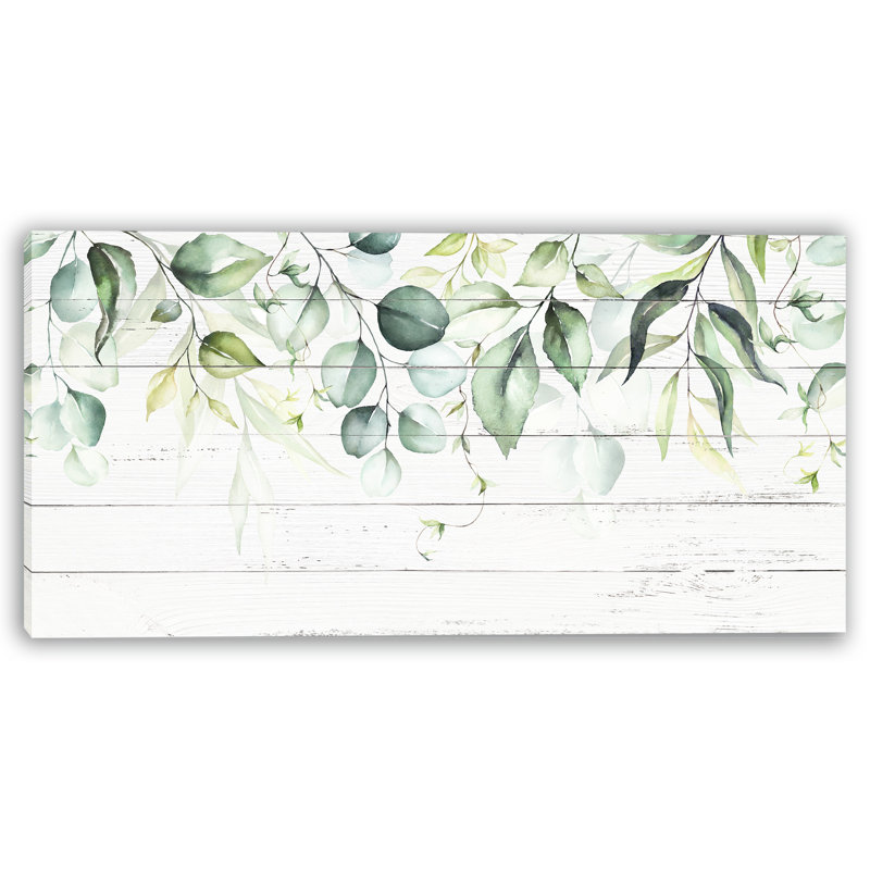 «Tranquil Greens - Aquarelle sur toile d'eucalyptus, feuilles tendues», 24" H x 48" W