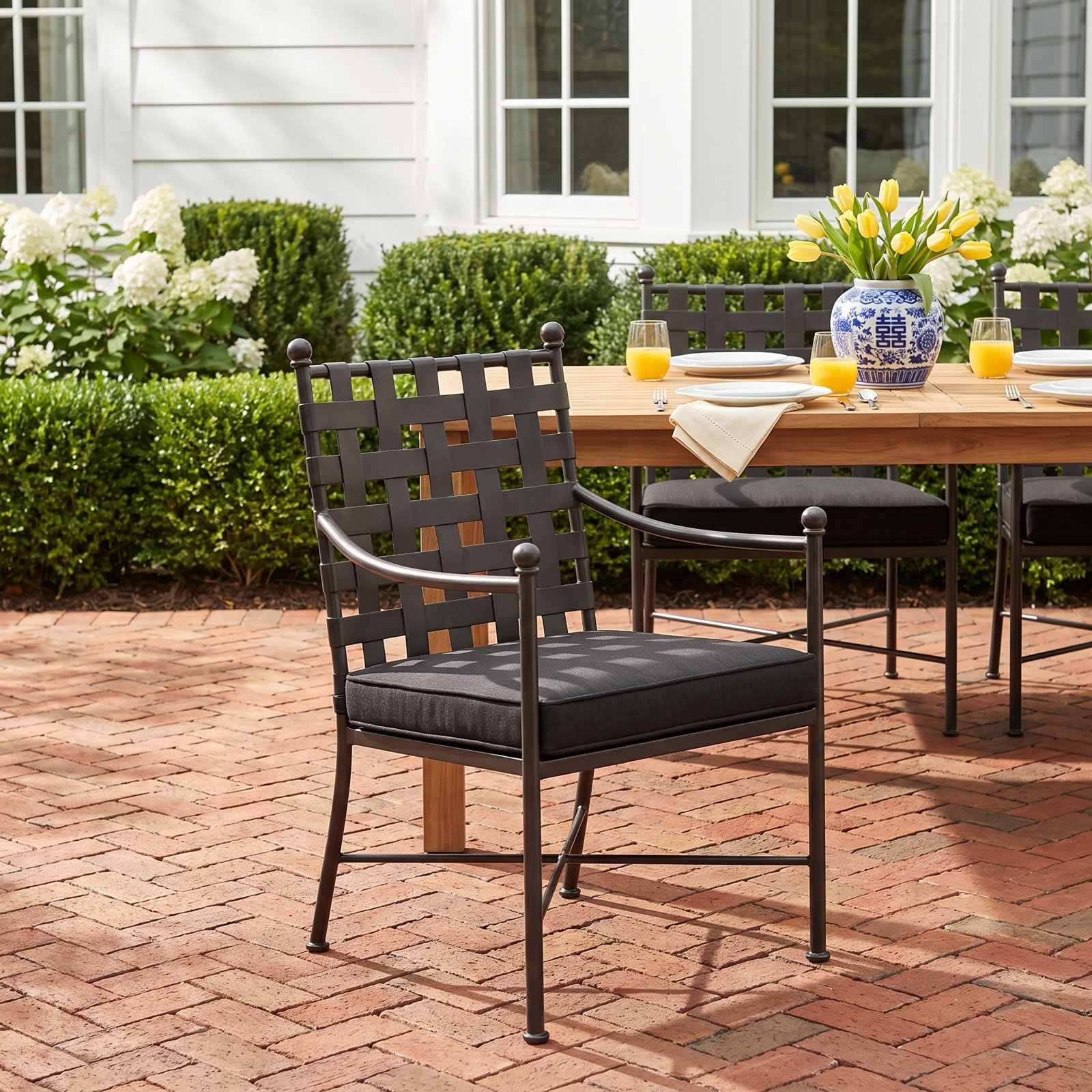 Lucier Premium All-Weather Wicker Outdoor Dining Armchair with Sunbrella® Cushion, Spectrum Carbon Sunbrella® Plainweave