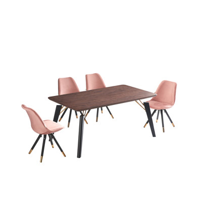 Gualtier 4 Person Dining set - a Rectangular Wooden Dining Table with Metal Legs and a Set of 4 Quilted Velvet Dining Chairs for Dining Room - Modern Dining Table Set