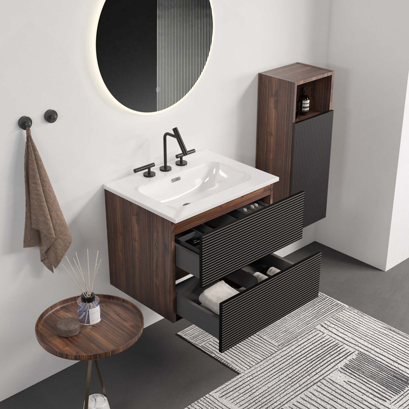 Meuble-lavabo mural avec lavabo en céramique intégré à 3 trous et trop-plein (sans armoire murale à côté), Noir / brun, 24"