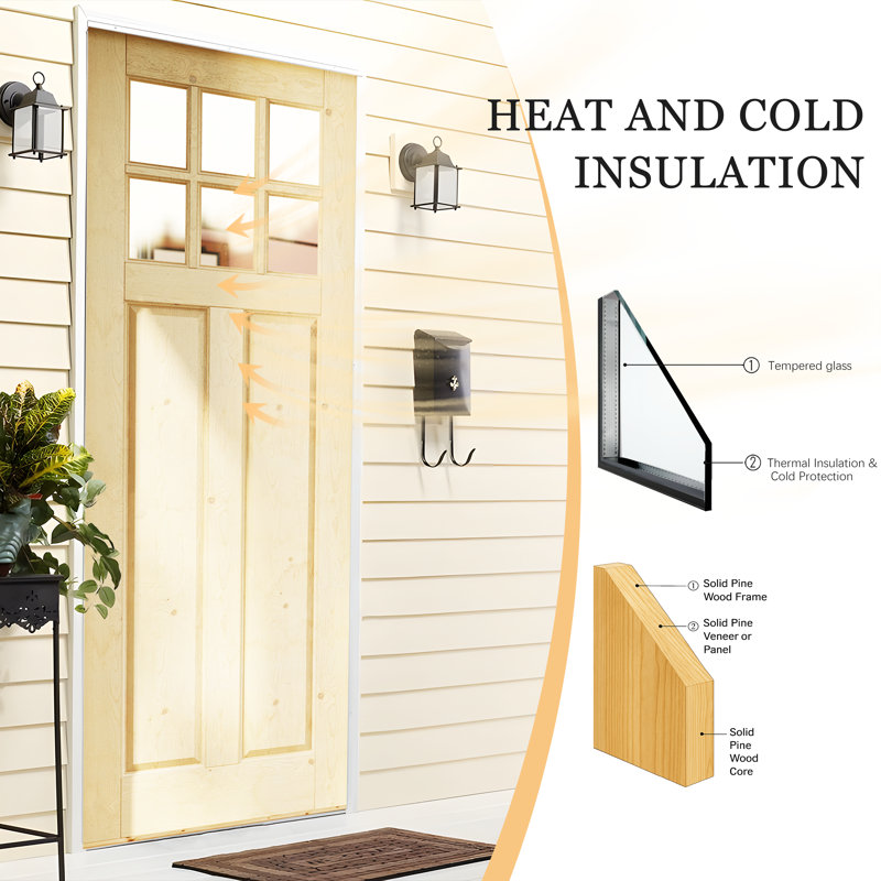 Exterior Door - 6 Lite Clear Glass Solid Pine Wood Front Entry Door Slab, 32" W x 80" H