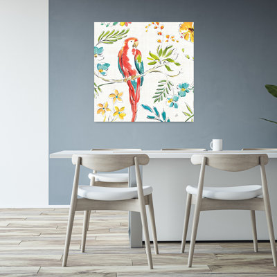 Tropical Oasis III White Abstract Bird Hibiscus Orchid Tropical Flower Art