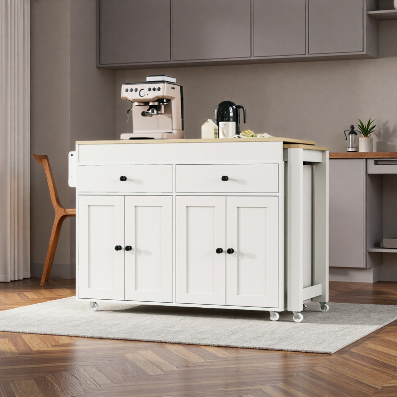 Îlot de cuisine 74,5 pouces avec table de salle à manger extensible, îlot de cuisine sur roulettes avec support à épices et 2 tiroirs, chariot de rangement de cuisine avec armoire à 4 portes, pour la cuisine, la salle à manger