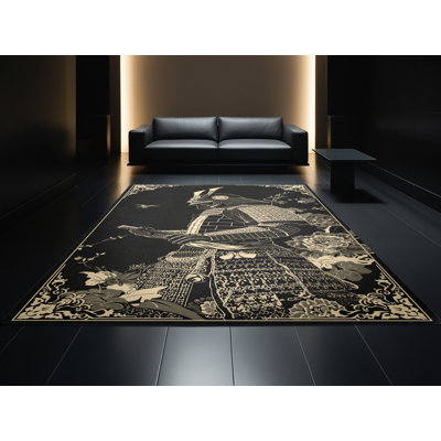 Tapis damassé classique Cilegon Samurai In Armour en noir lavable à la machine