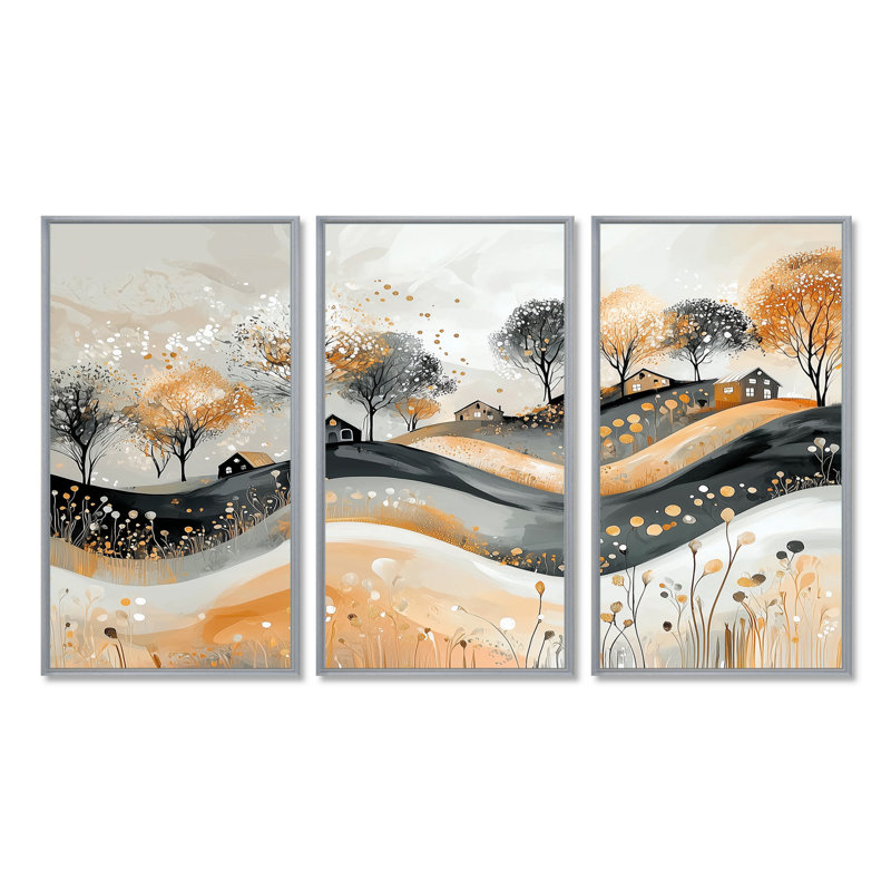 Paysage abstrait en gris et or - ensemble d'art mural paysages abstraits, Toile tendue, H 40 po x l 60 po x P 1 po