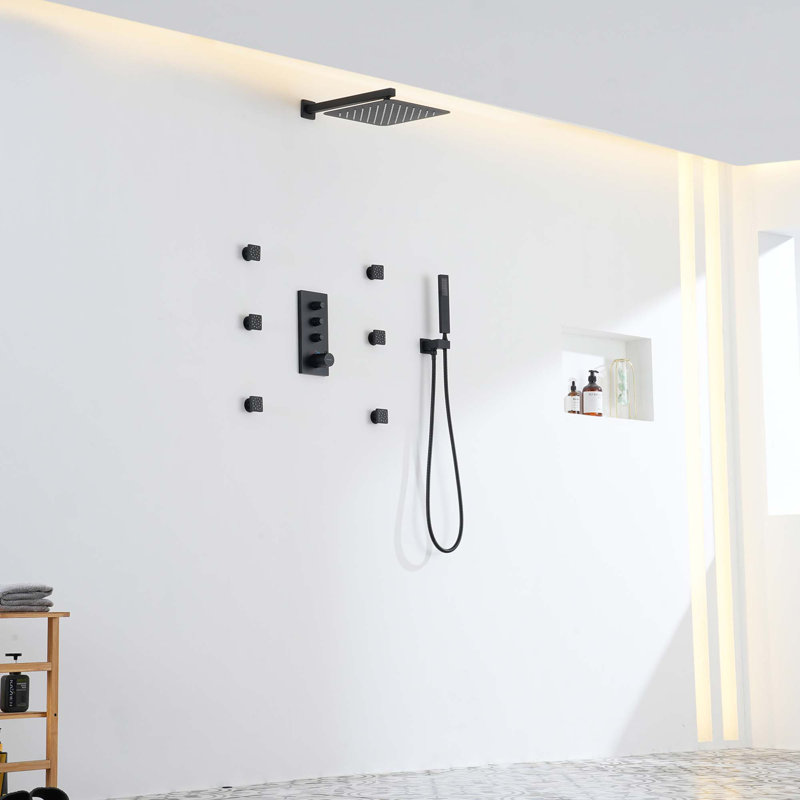 3 Functions 12" Wall Mount Thermostatic Shower System, Black