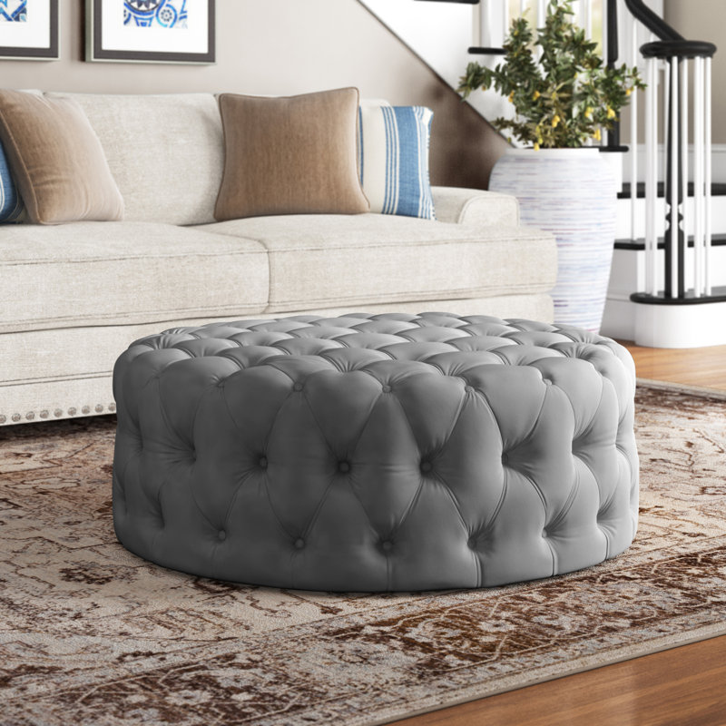 Willa 42" W Tufted Round Cocktail Ottoman, Beige Velvet, Velvet