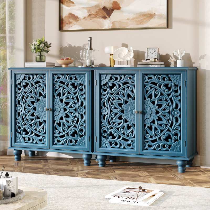 Storage Cabinet With Doors, Accent Cabinet With Walnut Top And Solid Wood Legs, Distressed Sideboard Buffet With Adjustable Shelf For Kitchen, Entryway, Living Room, Bedroom, Blue