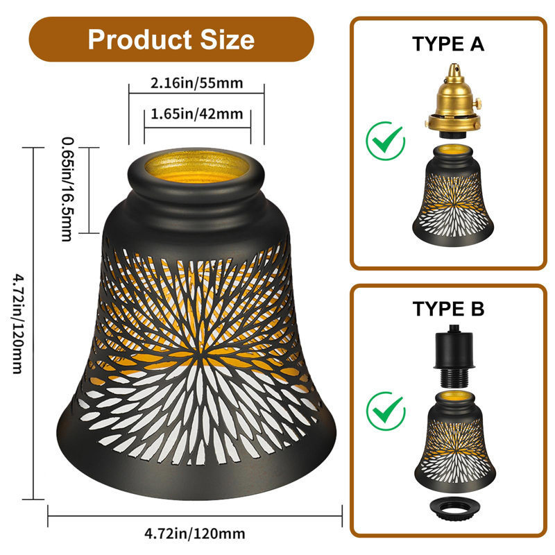 Ensemble de 4 globes de rechange pour ventilateur de plafond, ensemble de 4 abat-jour de globes de rechange à motif de chrysanthème avec ajusteur 1-5 / 8 ", hauteur 4,5" et diamètre 4-3 / 4 ", couvercle en métal pour lampe murale suspendue