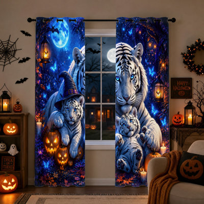 2Pcs White Tiger Halloween Blackout Curtains, Mystical Moonlit Forest Scene, Spooky Night Ambiance Thermal Insulated Noise Reducing Window Drapes, Party Decorations for Bedroom Living Room Home Decor