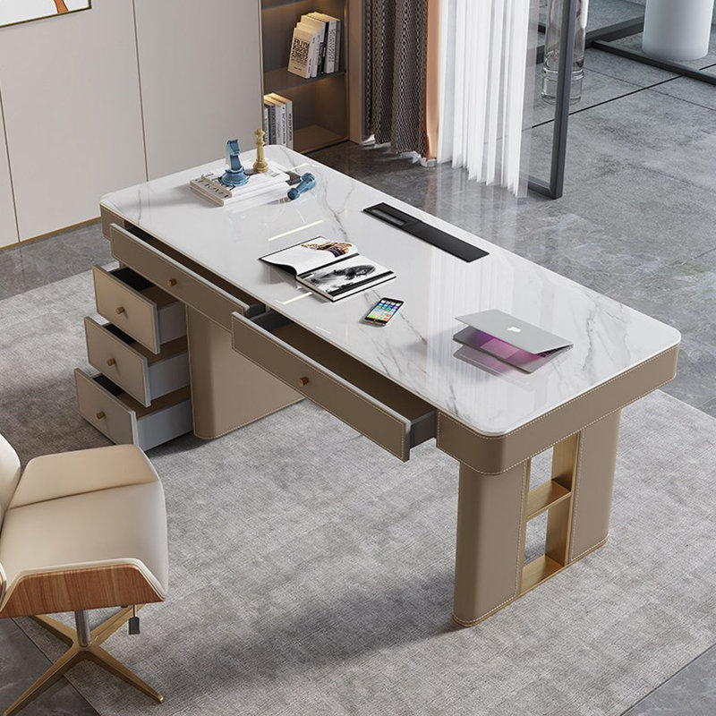 Bureau 5 tiroirs blanc + kaki + or fritté rectangulaire + bois manufacturé + acier inoxydable, Retour à gauche