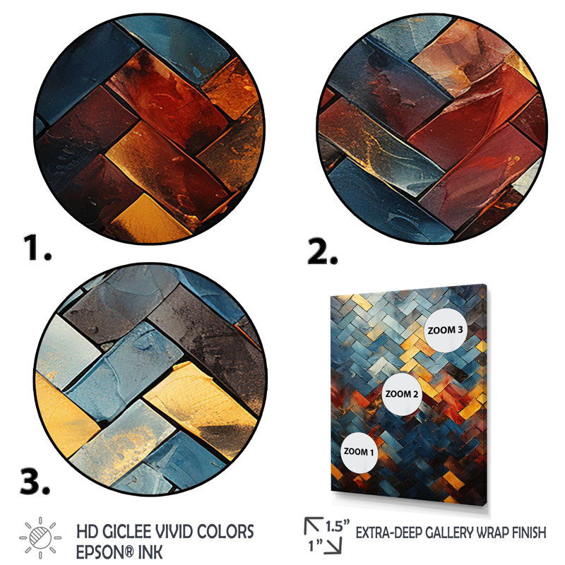 Carreaux cubiques abstraits jaunes et bleus - art mural abstrait, Cadre flottant doré, H 20 po x l 12 po x P 1 po