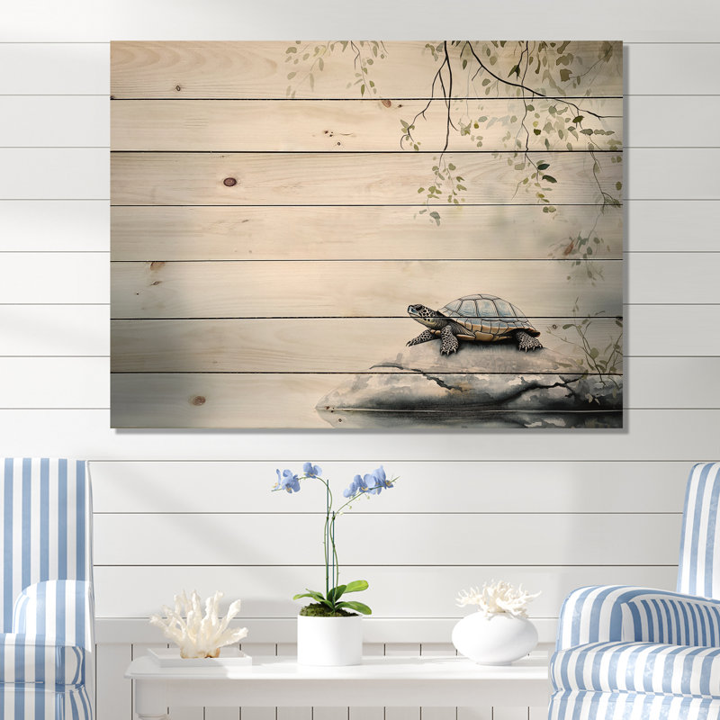 Tortue de bambou perchée I - Tortue, décoration murale en bois animal sur bois de pin naturel, H 30 po x l 40 po