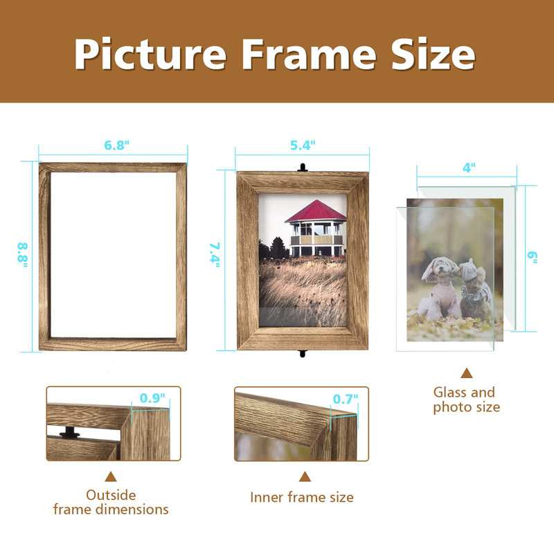 4X6 Picture Frame Rustic Wood Hinged Folding Triple Picture Frames Collage, Double-Sided Display Rotatable High Definition Glass Photo Frame For Home Tabletop(Carbonized Black)