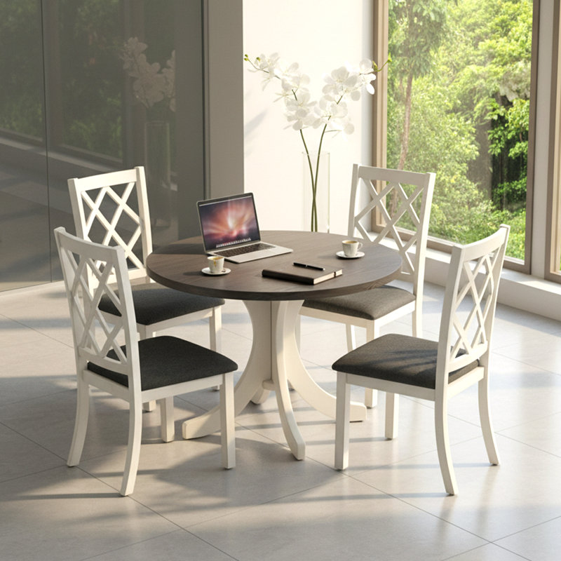 Ensemble de table ronde pour salle de pause avec 4 chaises rembourrées à dossier croisé, conception compacte, Gris / Blanc