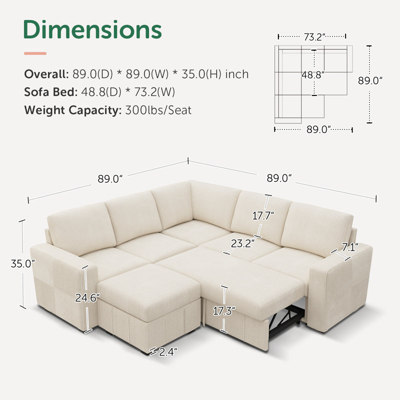 Abramson Corduroy Sleeper Sectional Sofa Bed With Ottoman, Beige Corduroy