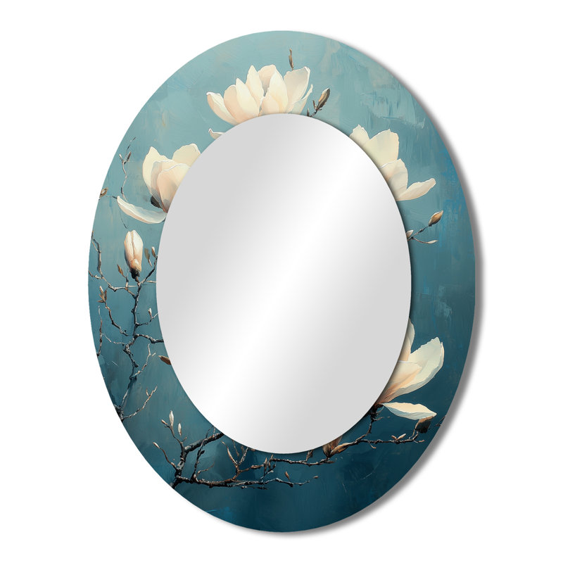 Magnolia Blooms In Saffire Winter Impressionist I - Grand miroir mural ovale sur métal, 43 po x 33 po