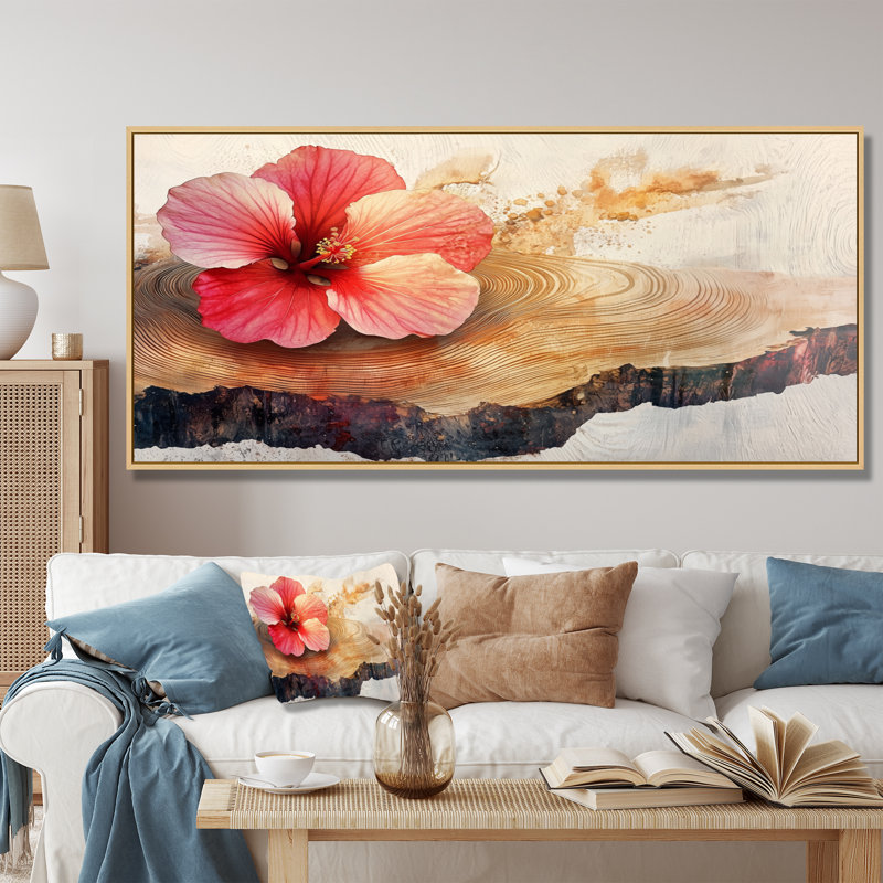 Chyanne fleurs d'hibiscus sur bois - art mural hibiscus, H 28 po x l 60 po, Cadre flottant, Blanc