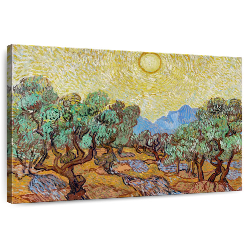 Olive Harnek avec ciel jaune et soleil, H 34 po x l 51 po