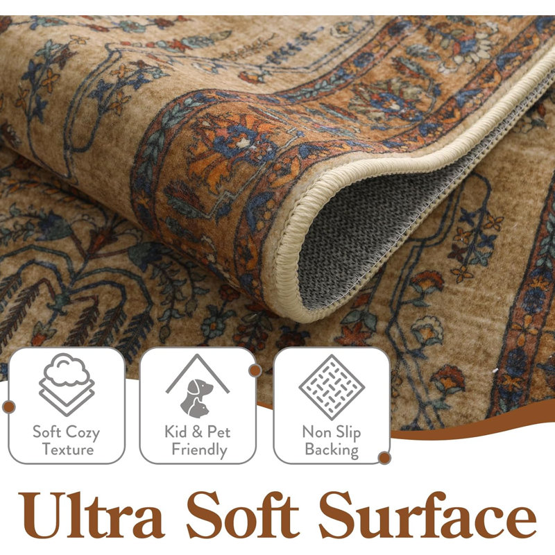 Kaldi Vintage Floral Washable Brown 2X6 Runner Rugs for Entryway Kitchen, Non Slip Oriental Low-Pile Rug for Bedroom Dining Room Carpet