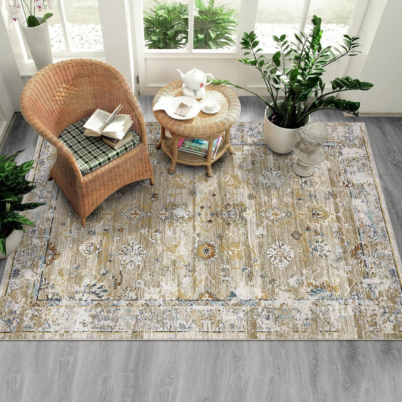 Vintage Decorative Area Rug, Polyester, Washed Back, Folding Printed Oriental Traditional Persian Design, Non-Shedding, Easy Care, Ideal.