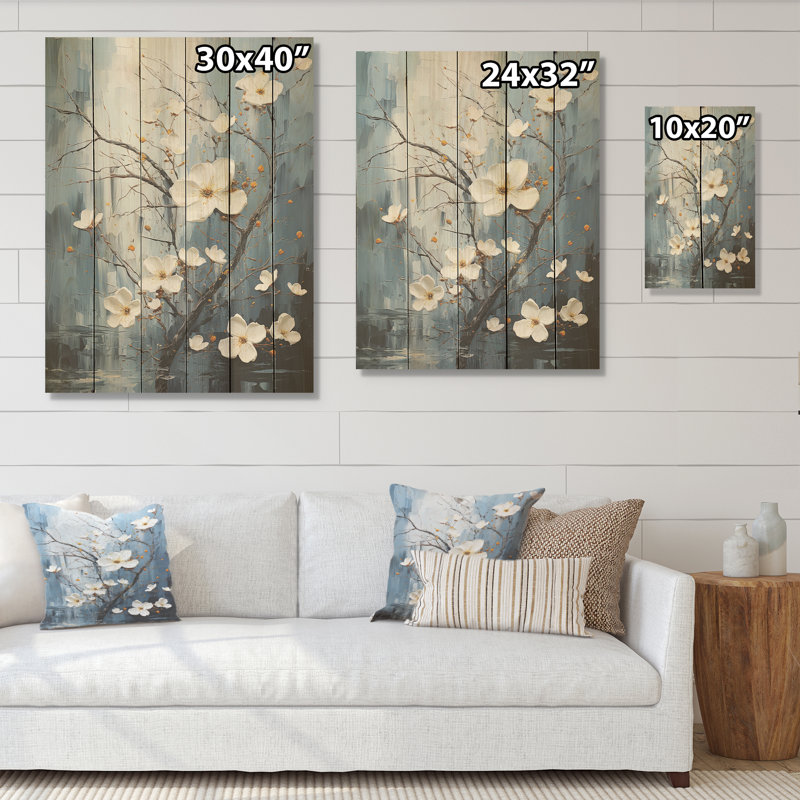 Gris et bleu Dogwood Expression I - art mural en bois de cornouiller sur bois de pin naturel, H 40 po x l 30 po
