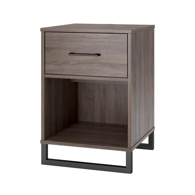 Distressed Gray Oak Nightstand with 1 Drawer and Black Metal Legs