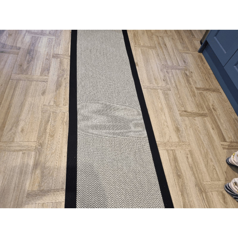 Black and White Herringbone Faux Sisal Carpet Stair Runner Black Cotton Border