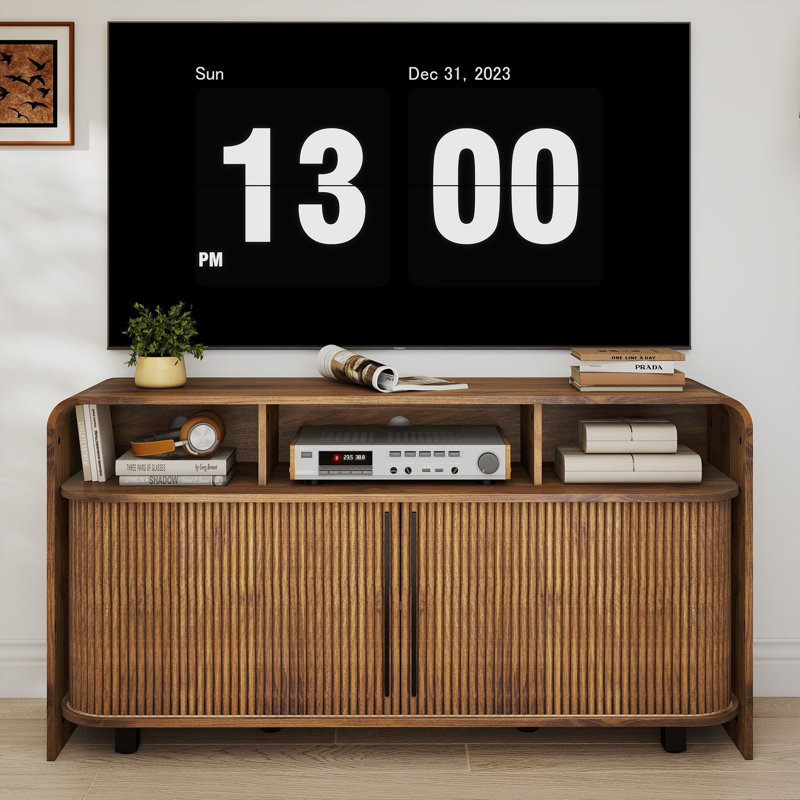 51 Inch Fluted Tv Stand For 55 60 65 Inch Tv,  Mid Century Modern Entertainment Center With Storage,  Adjustable Shelves, Sliding Doors