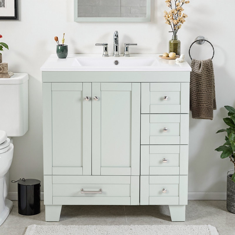 Meuble-lavabo bleu gris 30 po avec lavabo en céramique, tiroirs à fermeture en douceur et rangement multi-organisateur