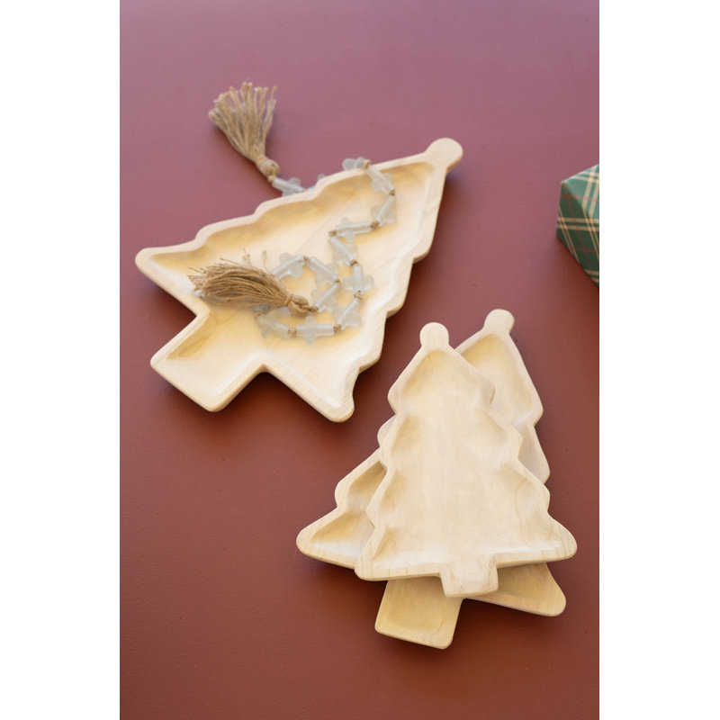 Set of Three Wooden Serving Platters Christmas Tree Design Decorative Trays for Tabletop Decor Tan Natural Finish